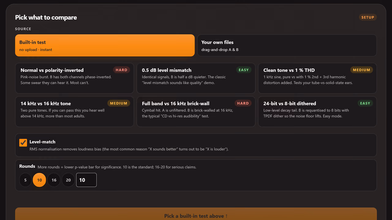 The ABX test setup: a choice of built-in test pairs or your own two files, a level-match switch, and the number of rounds to run.