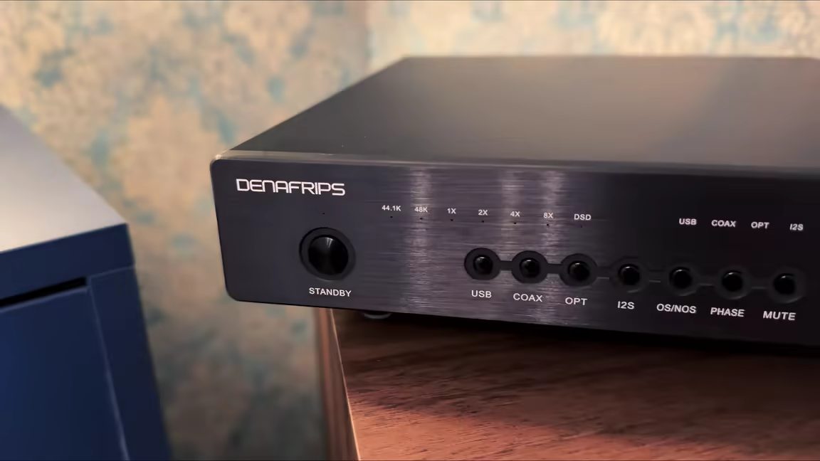 The Denafrips Enyo 15th's front panel with its metal buttons and red sample-rate and input LEDs