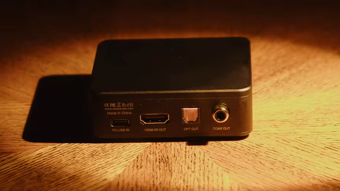 The Douk Audio U2 Pro's rear panel: a USB-C input labelled PC-USB IN beside the HDMI-I²S, optical TOSLINK and coaxial outputs