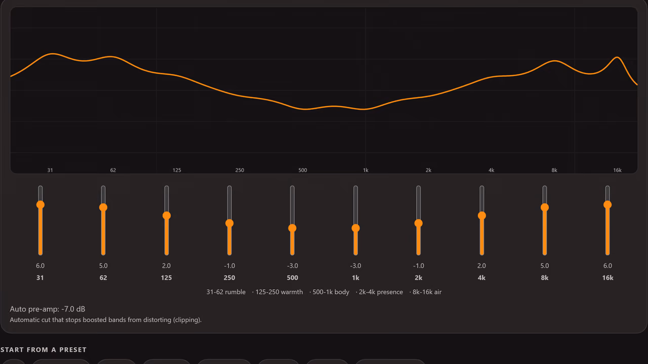 The EQ simulator with its V-shape preset applied: the ten-band response curve above the band sliders, with the automatic pre-amp cut shown below.