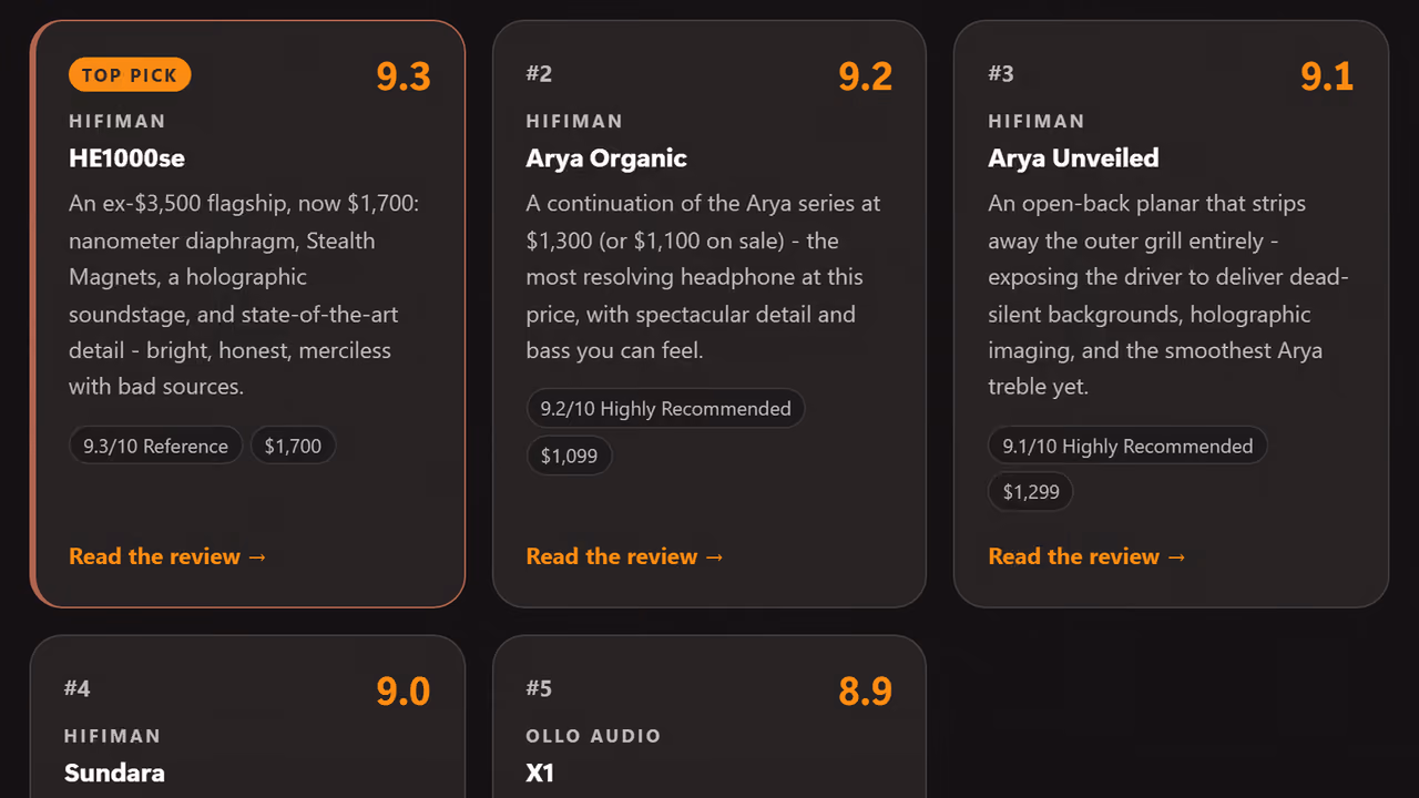The shortlist the picker builds: ranked review cards with scores, prices and one-line summaries, the top pick highlighted first.