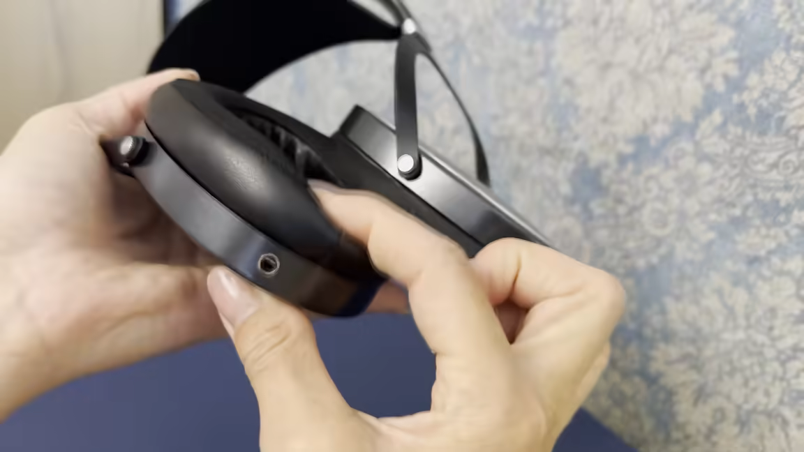 A 3.5mm jack on the underside of the Ananda Stealth's earcup, one of the dual connectors