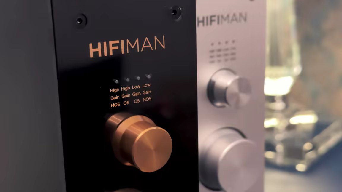 The HIFIMAN EF499's glossy black front with gold HIFIMAN branding, golden knobs, and the High/Low Gain NOS/OS selector legend
