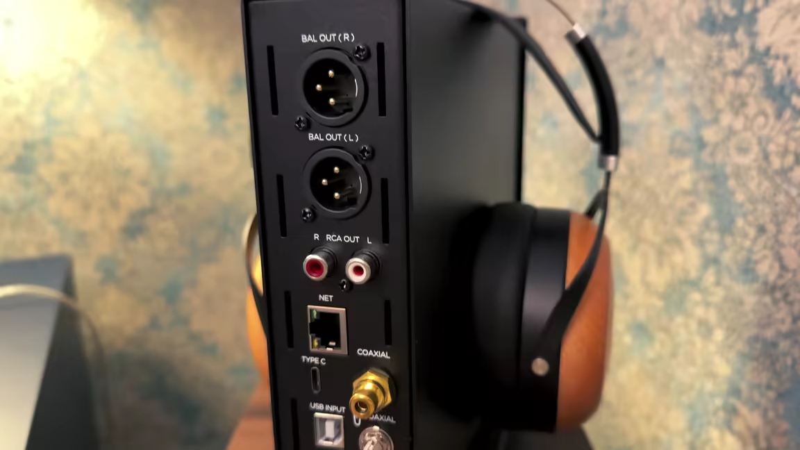 The HIFIMAN EF499's rear panel: balanced XLR and RCA line outputs above an ethernet NET jack, USB Type-C, USB Type-B, and coaxial inputs