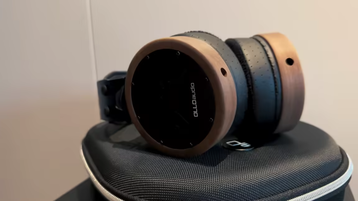 The OLLO Audio X1's hybrid velour and perforated-leather ear pads and wood earcup