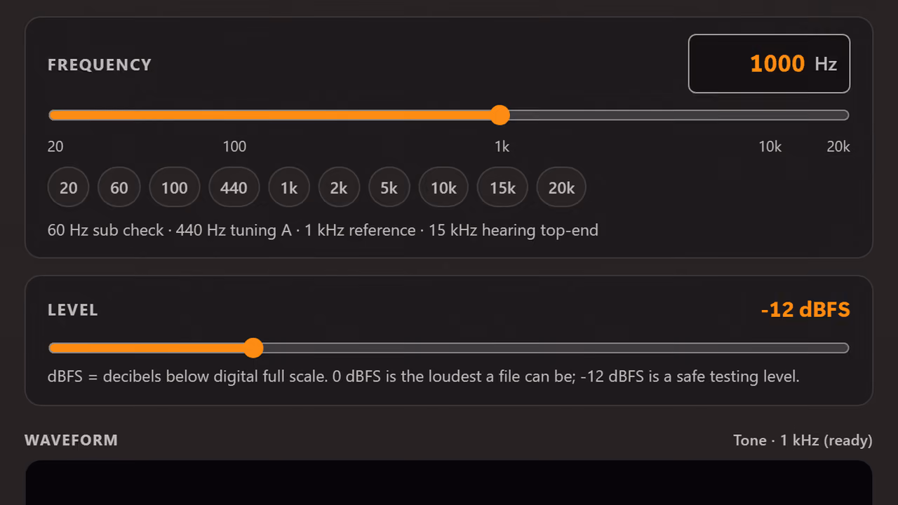 The signal generator frequency controls: a 20 Hz to 20 kHz slider with preset test-tone buttons, and the output level in dBFS below it.