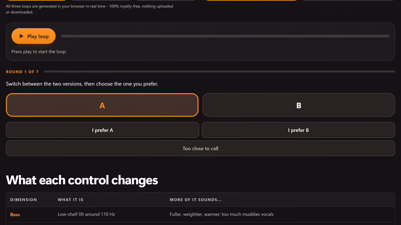 A blind preference round in the sound signature finder: two unlabelled versions of the same track, A and B, with buttons to pick one or call it too close.