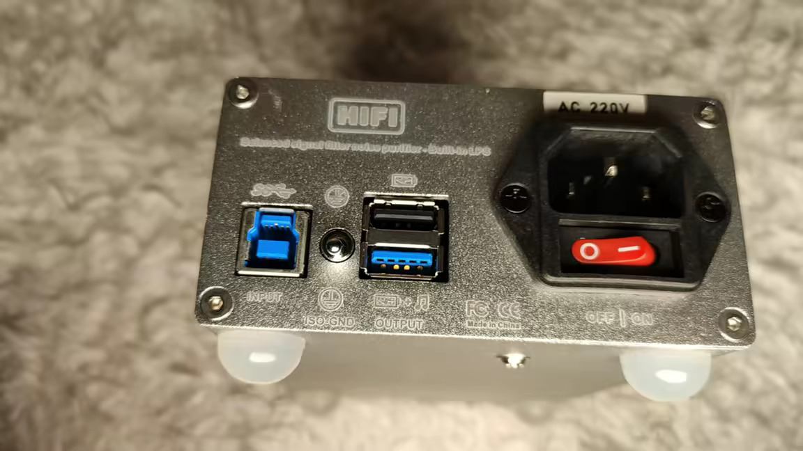 The SP-USB's rear panel: USB-B 3.0 input, ISO-GND ground switch, the two USB outputs, and the IEC mains inlet with power switch