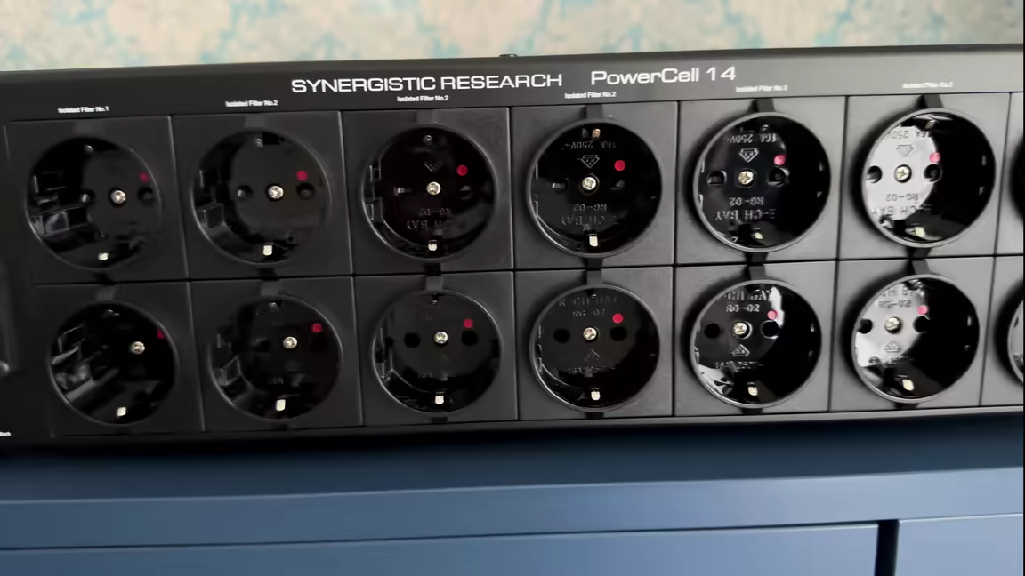 The PowerCell 14's rear panel: fourteen Schuko outlets arranged in three isolated banks beneath the Synergistic Research branding