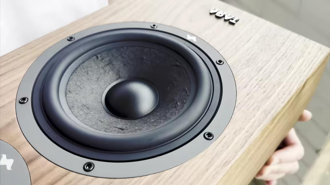 The B-60's 6.5-inch non-pressed paper cone woofer with its black dust cap, surface-mounted with an exposed-screw ring