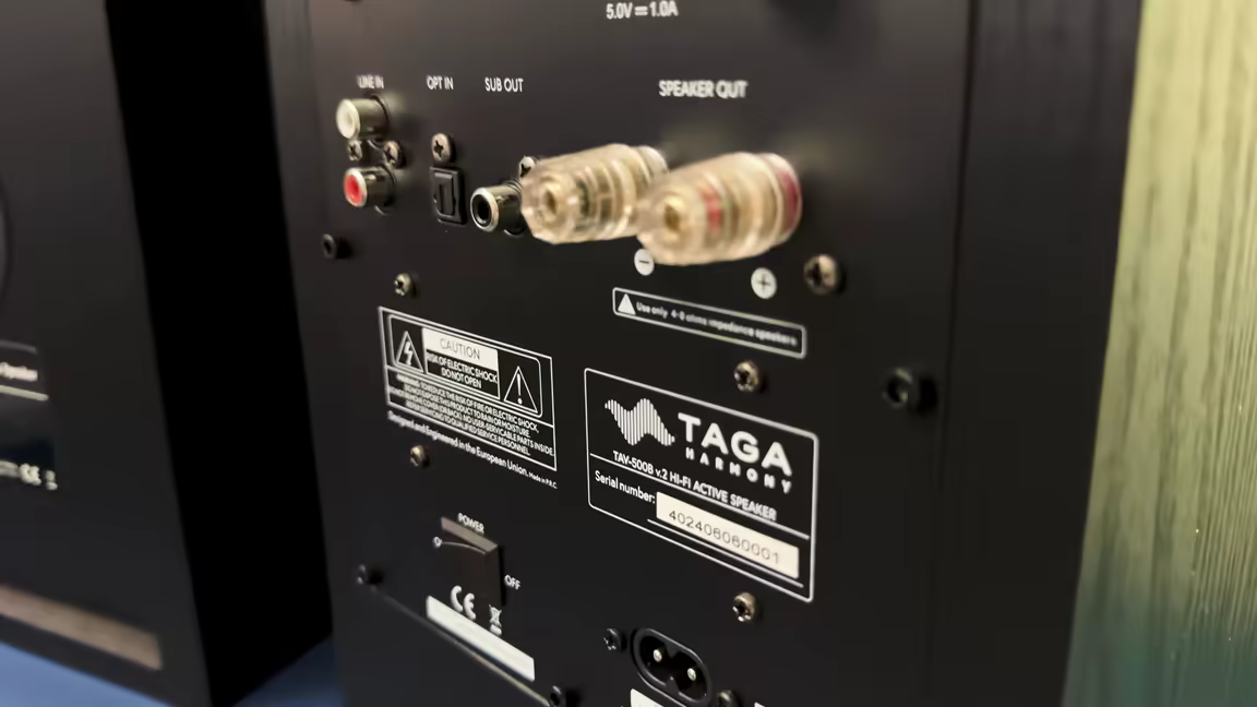 The active master speaker's rear panel: RCA line in, optical, sub out, speaker-out binding posts, power switch, and figure-8 mains inlet