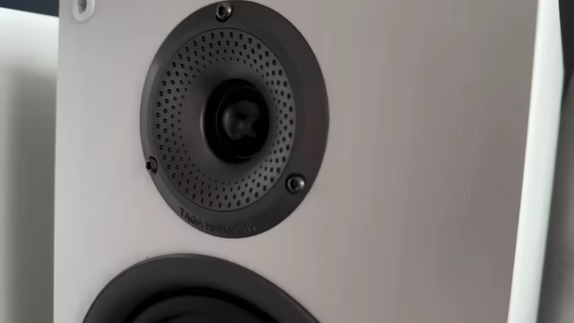 Close-up of the 1-inch silk dome tweeter in Taga's perforated TWG-I waveguide faceplate on the white baffle