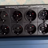 The PowerCell 14's rear panel: fourteen Schuko outlets arranged in three isolated banks beneath the Synergistic Research branding