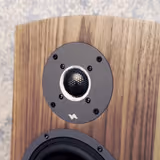 The B-60's 36mm titanium dome tweeter with its metal mesh, recessed into the curved wood-veneer front baffle