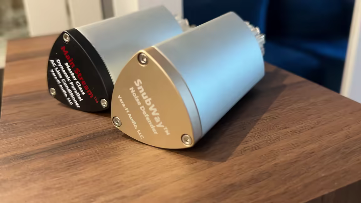 The two Vera-Fi parallel AC conditioners - the SnubWay Noise Defender and Main Stream Master Class - in their heavy metal cylindrical enclosures